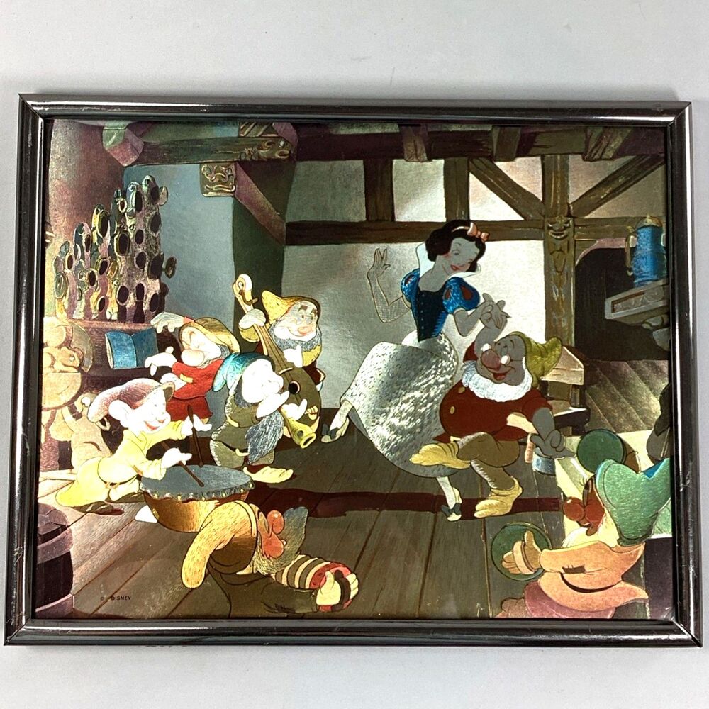 Vintage Walt Disney Snow White Foil Art Print Framed Retro Holographic 8x10
